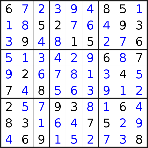Sudoku solution for puzzle published on Sunday, 13th of January 2019