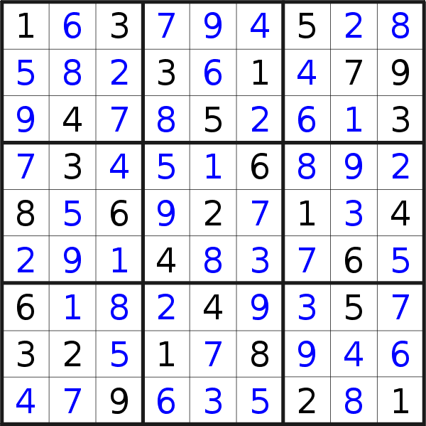 Sudoku solution for puzzle published on Friday, 21st of June 2019