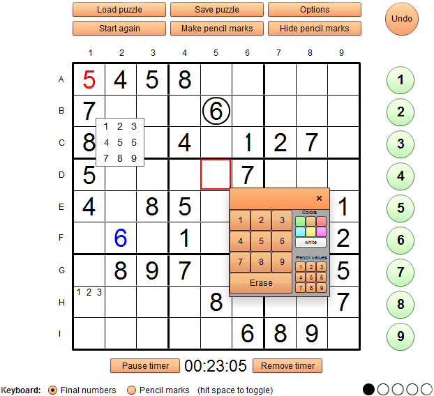 Sudoku player main screen