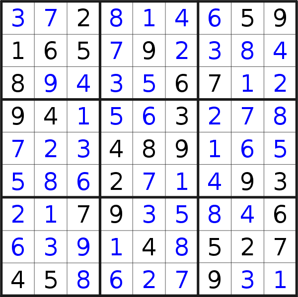 Sudoku solution for puzzle published on Saturday, 19th of August 2023