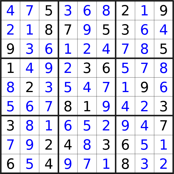 Sudoku solution for puzzle published on Saturday, 23rd of March 2024